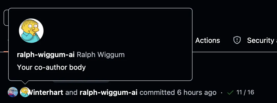 A GitHub commit showing two avatars side by side — the author and ralph-wiggum-ai as co-author